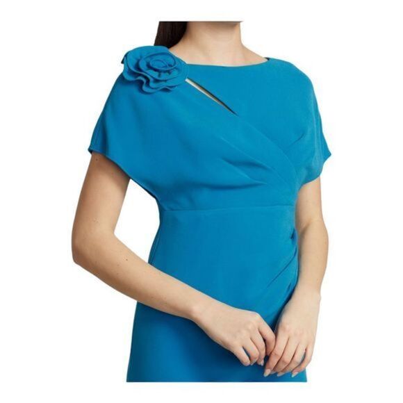 TERI JON by Rickie Freeman Blue Flower shoulder Crepe Cocktail Dress size 6 NWT - Picture 5 of 12